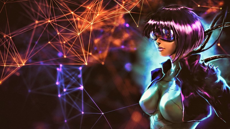 women, portrait, people, face, science fiction, digital art, concept art, artwork, fantasy art, fan art, CGI, fantasy girl, painting, closeup, hair in face, realistic, Photoshop, cyan, neon, Ghost in the Shell, wires, cyborg, cyberpunk, cyber, Kusanagi Motoko, colorful