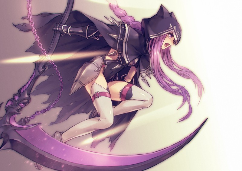Fate Series, Fate/Grand Order, FGO, anime girls, fan art, digital art, 2D, simple background, long hair, loli, violet hair, fantasy weapon, white stockings, Medusa (Lancer), scythe