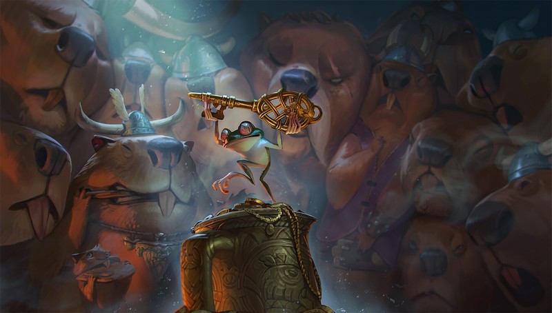 Rudy Siswanto, frog, beavers, keys, humor, sun rays, treasure, gold, helmet, fantasy art