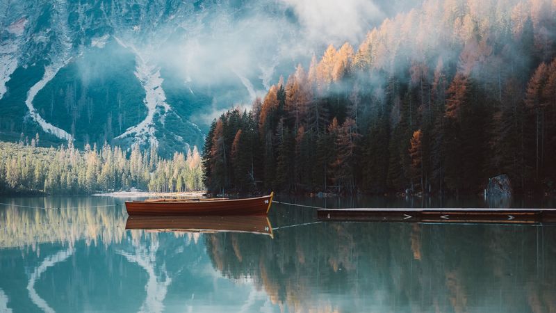 boat, mountains, lake, trees, autumn, 4k
