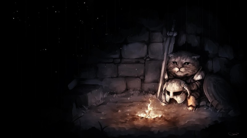 The Elder Scrolls, The Elder Scrolls V: Skyrim, cats, dragonborn, fire, campfire, digital art, artwork, digital