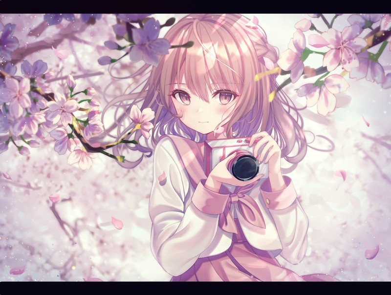 blush, brown eyes, brunette, camera, flowers, cherry blossom, school uniform, short hair, skirt