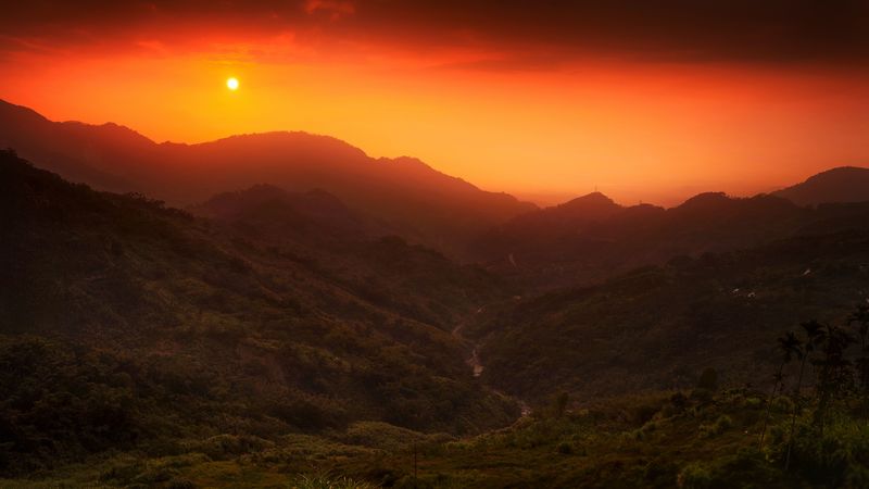 sun, hills, bushes, sunset, 4k