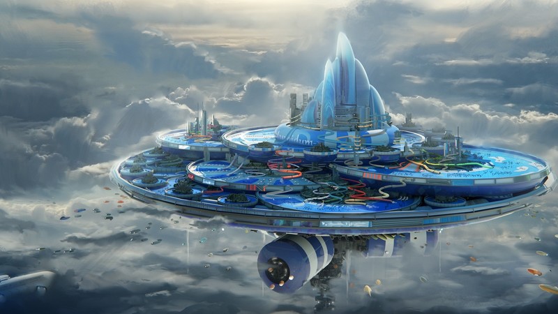 artwork, digital art, futuristic, futuristic city, Leon Tukker, clouds, fantasy art, circle