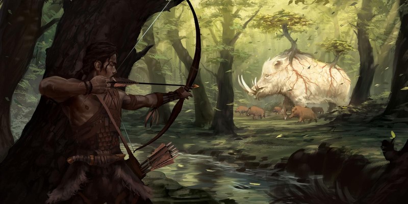 fantasy art, bow and arrow, hunter, archer, pigs