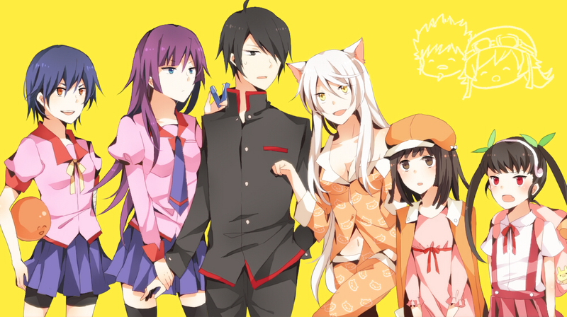 anime, Monogatari Series, fan art, anime girls, Senjougahara Hitagi, Hanekawa Tsubasa, Neko Hanekawa, Sengoku Nadeko, Kanbaru Suruga, Hachikuji Mayoi, Araragi Koyomi, simple background