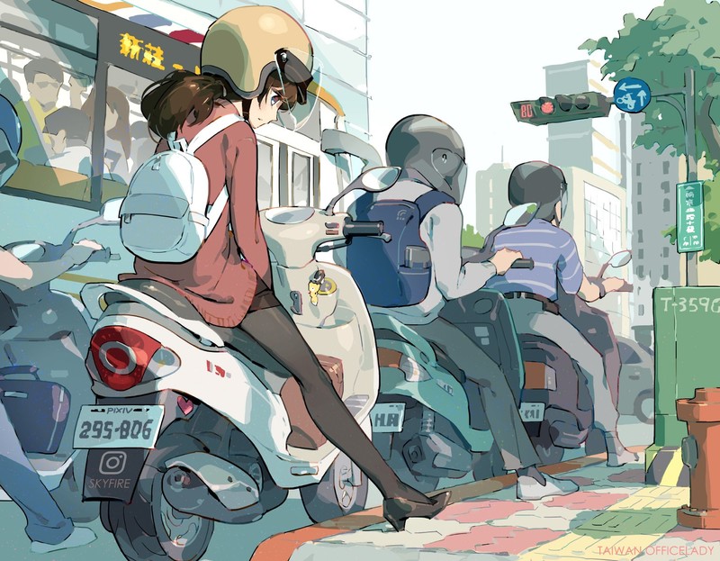 anime, anime girls, digital art, artwork, 2D, portrait, 天之火, scooters