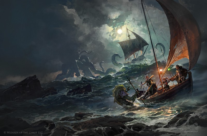 fantasy art, sea monsters, boat, sea, waves, ship, Cthulhu