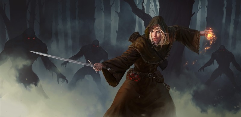 fantasy art, magician, fireballs, sword, red eyes, sorceress