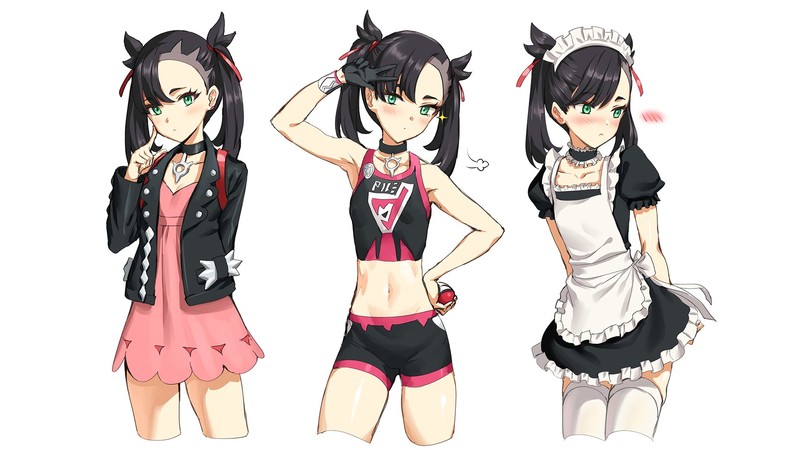 Pokémon, black hair, blush, twintails, choker, apron, dress, headdress, maid, ribbons, green eyes, thigh-highs, Mary, marnie, Marnie (Pokemon)