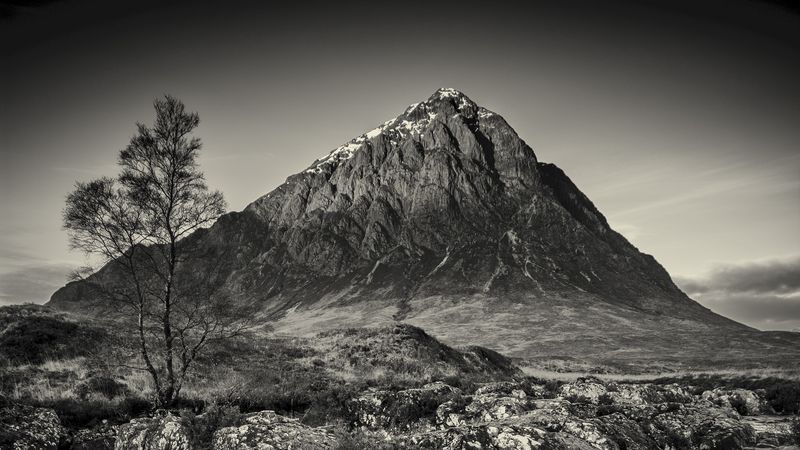 mountain, waterfall, bw, current, river, 4k