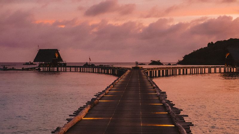 pier, sunset, sea, sky, 4k