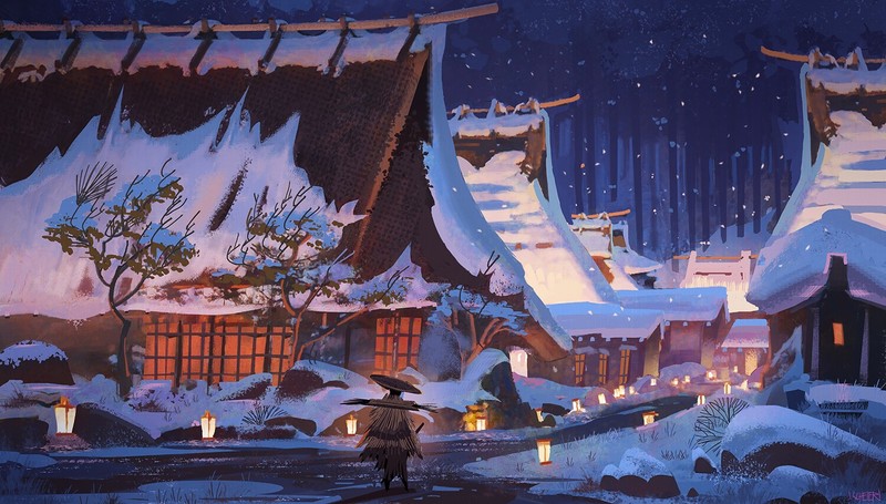 Jason Scheier, Lanterns, Asian architecture, snow, artwork, forest, painting