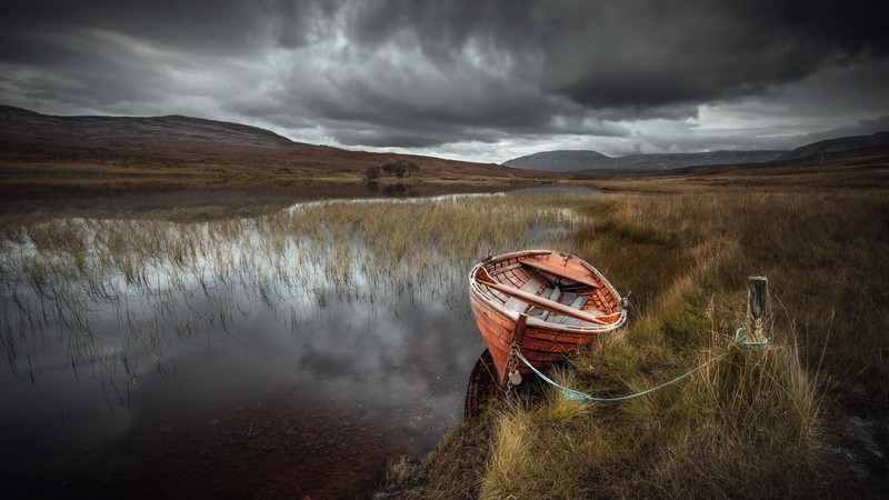 boat, water, landscape, fall, nature, vehicle, outdoors, gloomy