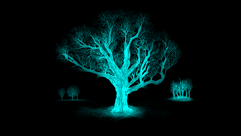tree trunk, glowing, artwork, dark, digital art, turquoise, cyan