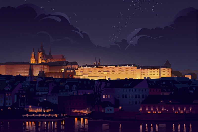 Prague, city, cityscape, artwork, night, Maxim Shirkov