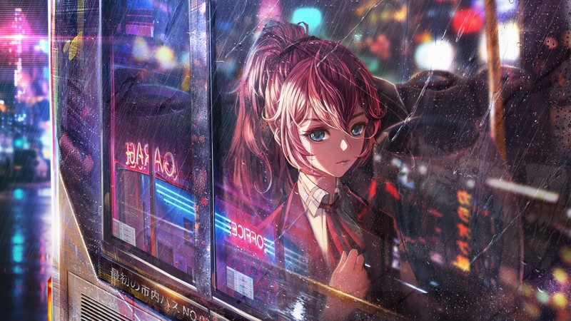 anime, anime girls, rain, window, illustration, blue eyes, city lights, reflection