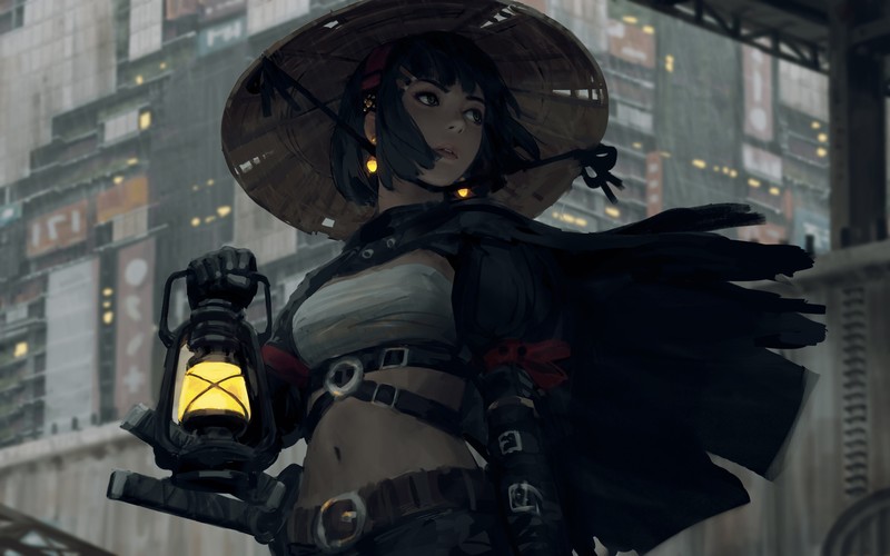 GUWEIZ, samurai, women, fantasy girl, fan art, drawing, artwork, lamp, science fiction, Z.W. Gu, oriental, Black clothes, rain, people, belly, belly button, bare midriff