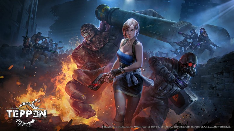 Jeremy Chong, drawing, Resident Evil, Jill Valentine, poster, video game art, women, brunette, short hair, weapon, gun, skirt, cleavage, backpacks, fire, sparks, creature, mask, helmet, fighting, cannon, blue eyes, knot, looking at viewer, Project Nemesis
