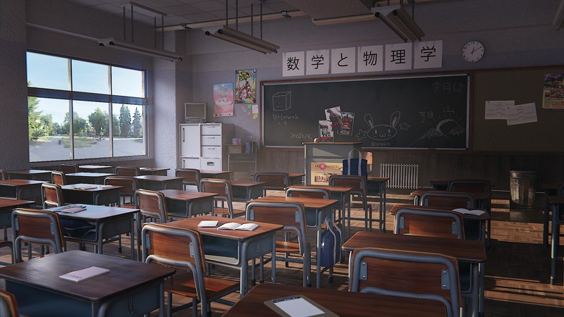 drawing, anime, classroom, school, architecture, fan art, James zhou