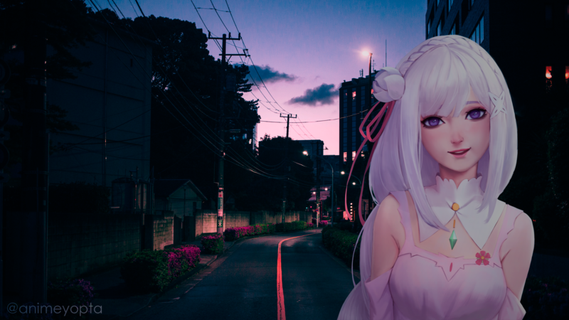 anime girls, city, sunset, purple background, Emilia (Re: Zero)