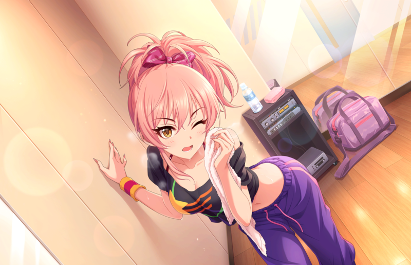 THE, Jougasaki Mika, pink hair, wink, ponytail, blush, mirror, drink, cleavage, towel