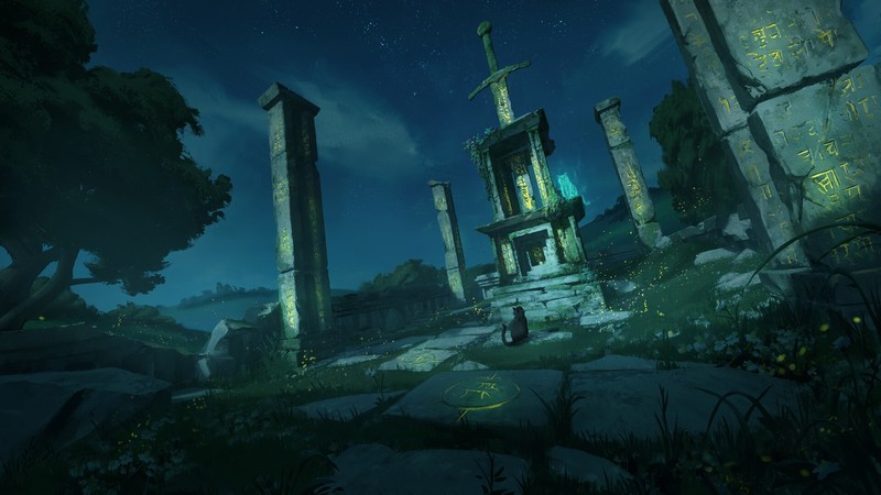 Cullen Cole, ruins, artwork, runes, sword, cats, fantasy art, flowers, fireflies, shrine, ghost