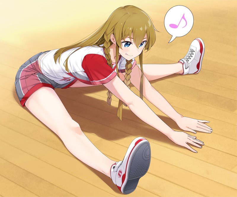 THE, brunette, blue eyes, long hair, blush, shorts, spread legs, braids