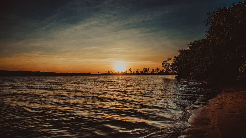 sunset, shore, ripples, night, horizon, 4k