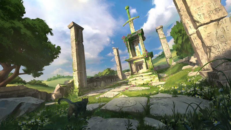 Cullen Cole, ruins, artwork, runes, sword, cats, fantasy art, flowers, shrine