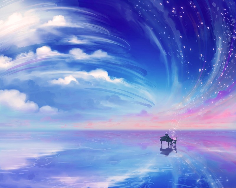 piano, clouds, digital art, fantasy art, sky, Shigatsu wa Kimi no Uso