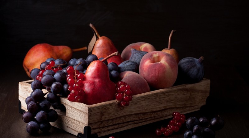 still life, food, fruit, berries, pears, peaches, grapes, red currant, fig