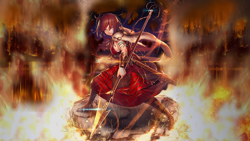 anime, spear, anime girls, redhead, fantasy girl