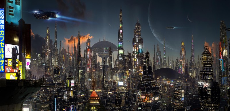 futuristic city, science fiction, night, city lights, digital art, scott richard