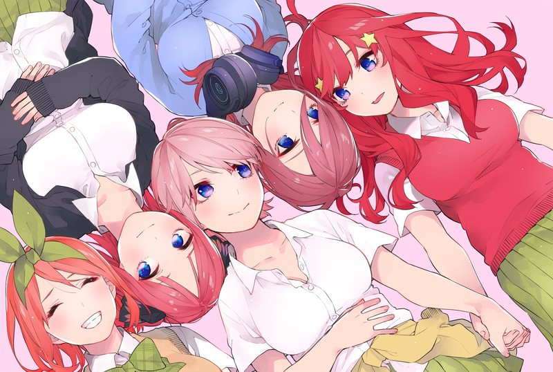 anime girls, 5-toubun no Hanayome, Nakano Miku, Nakano Itsuki, Nakano Ichika, Nakano Nino, Nakano Yotsuba, big boobs, fan art, 2D, school uniform, short hair, long hair, blue eyes, redhead, pink hair, smiling