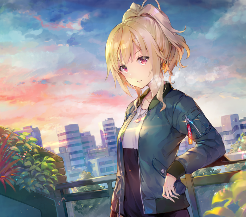 anime, landscape, city, clouds, sky, blonde, 2D