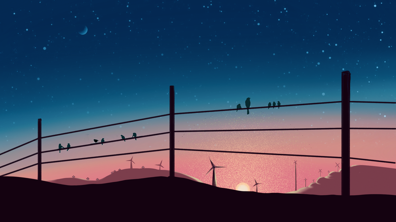 landscape, modern, birds, sunset, Moon, moonlight, sunlight, poles, windmill, hills, sky