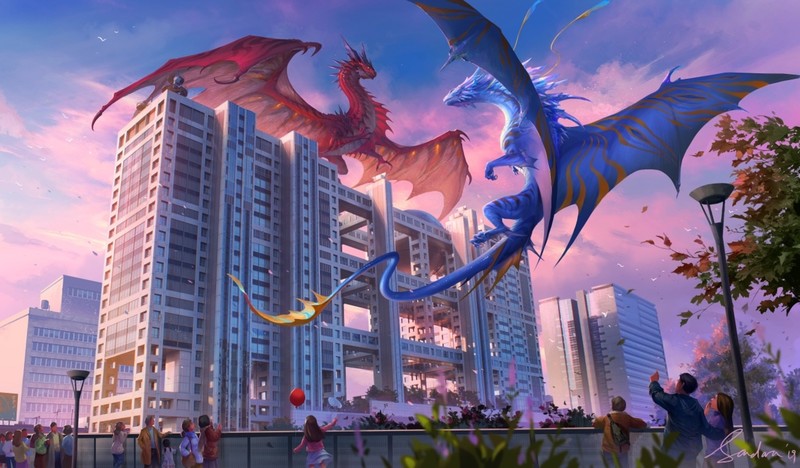 anime, landscape, dragon, city, Sandara