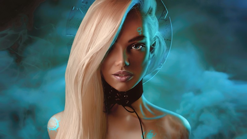 women, portrait, people, face, long hair, science fiction, digital art, concept art, artwork, fantasy art, fan art, CGI, fantasy girl, painting, closeup, hair in face, realistic, frontal view, blue eyes, Photoshop, blonde, smoke, neon, cyan, turquoise