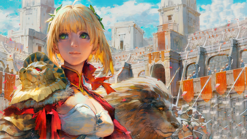 Fate Series, anime, anime girls, blonde, green eyes, fantasy city, fantasy girl, nero