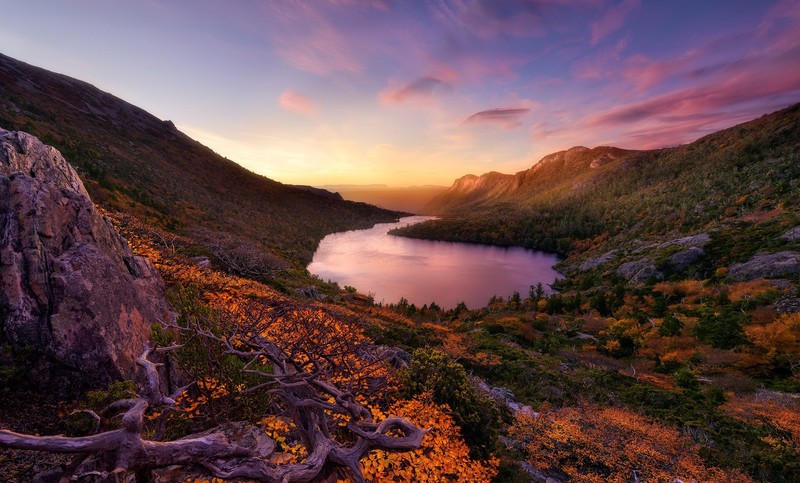 fall, landscape, nature, sunset, lake