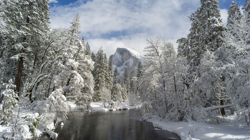 mountain, river, snow trees, valley, 4k