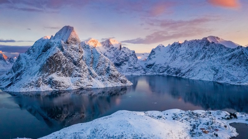 Norway, mountains, winter, snow, bay, Reine