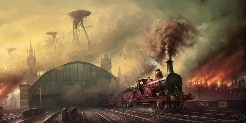science fiction, rail yard, War of the Worlds, H. G. Wells, train, London