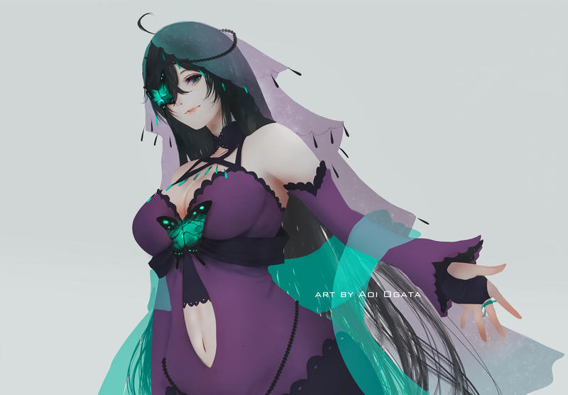 black hair, long hair, cleavage, dress, green eyes, headdress, navels, Aoi Ogata