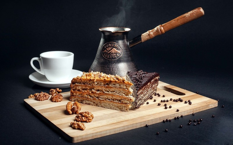 food, sweets, cake, still life, coffee, mugs, walnuts, cutting board