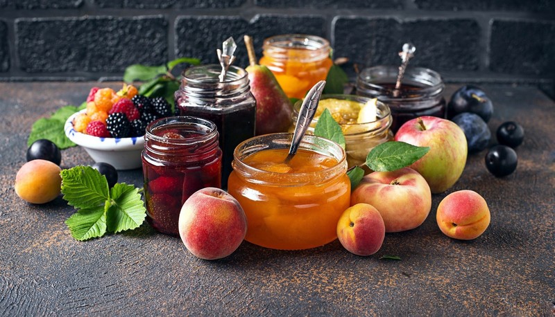 food, fruit, still life, apples, marmalade, Jam, jelly, peaches, blackberries, raspberries, Plums (Fruits), pears, mint leaves