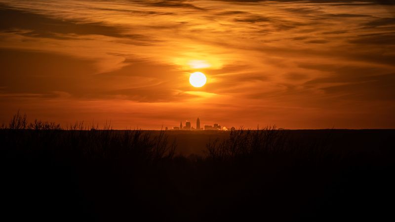 sunset, city, sun, sky, cleveland, ohio, usa, 4k