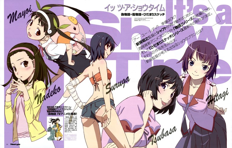 anime, anime girls, white skin, Monogatari Series, Sengoku Nadeko, Kanbaru Suruga, Senjougahara Hitagi, Hachikuji Mayoi, school uniform, fan art, Hanekawa Tsubasa