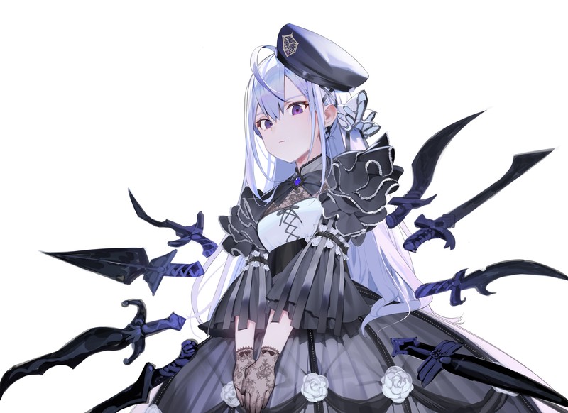 weapon, gray hair, sword, long hair, purple eyes